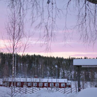 Snow-covered retreat center surrounded by forest beneath a soft pink winter sunrise sky