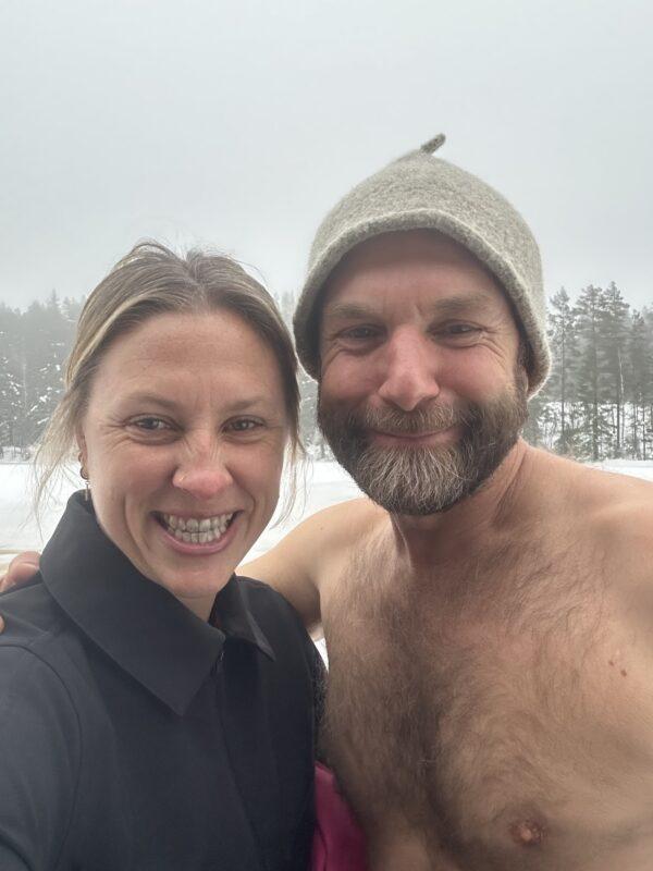 Retreat participants smiling after a cold plunge experience during the Wild Winter Retreat at Shambala Gatherings