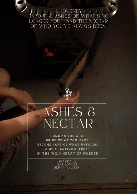 Person sitting beside a wood-burning sauna stove during the Ashes & Nectar retreat at Shambala Gatherings