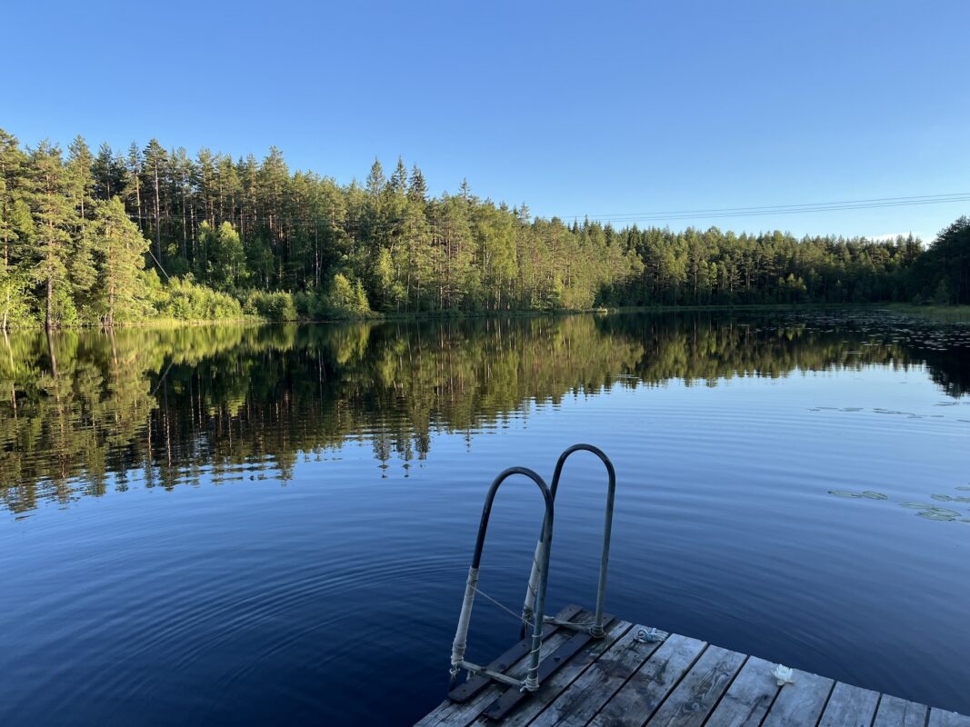 Peaceful lake with a swimming ladder by the sauna at Shambala.